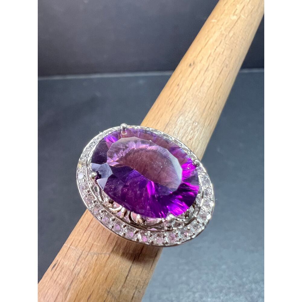 Sterling Silver Purple Fluorite & White Topaz Halo Ring Size 6